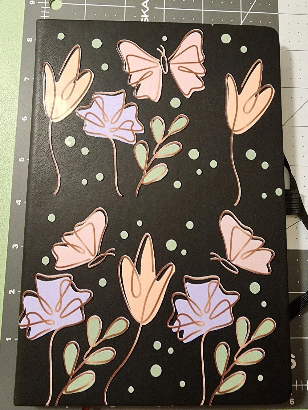 Floral & Butterfly Black Notebook with Pastel Accents